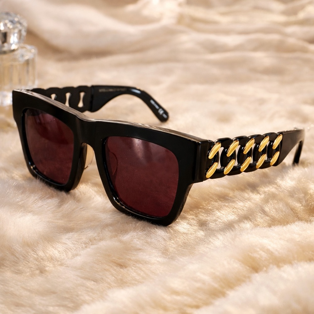 Stella McCartney Oversized Square Sunglasses – Black with Gold Chain Detail